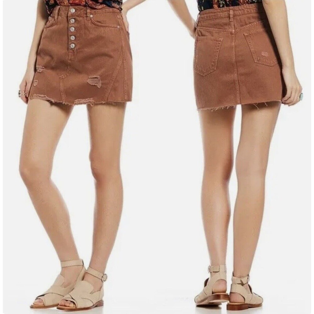 We The Free People Button Fly Distressed Mini Skirt Size 27‎ Brown NWT